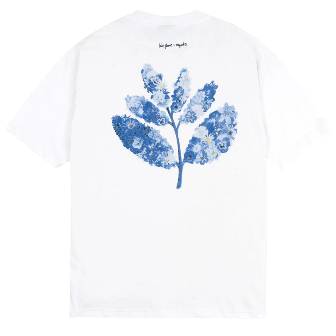 Magenta blue flowers collab tee white