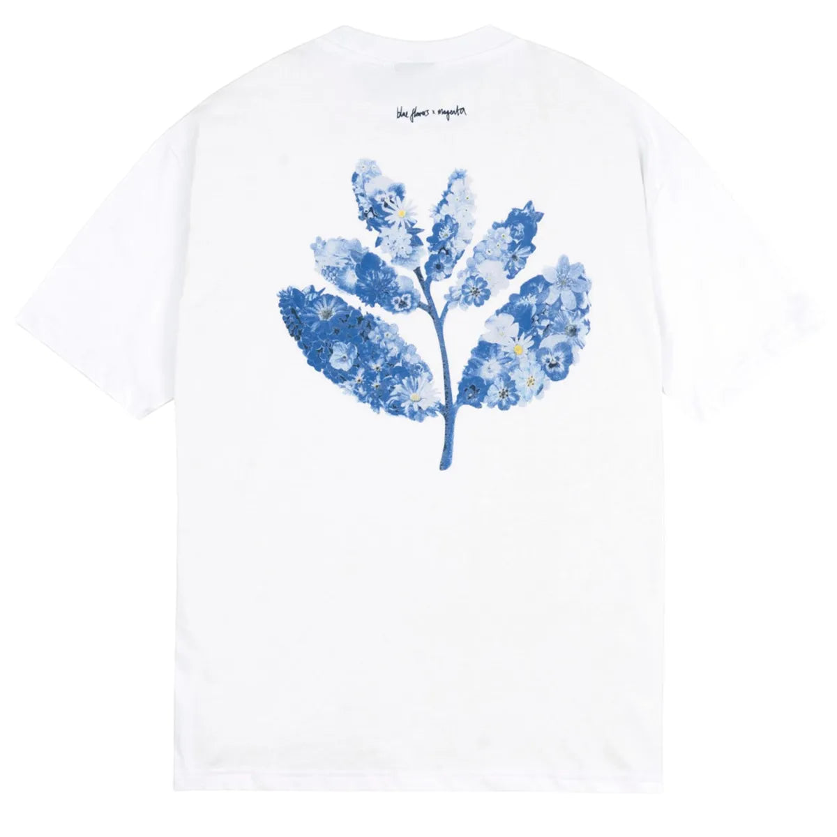 Magenta blue flowers collab tee white