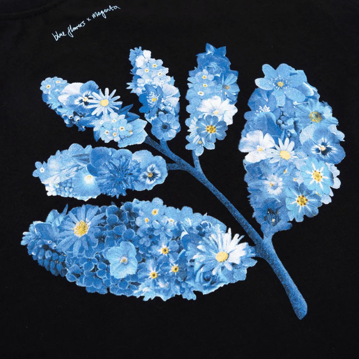 Magenta tee black blue flowers collab