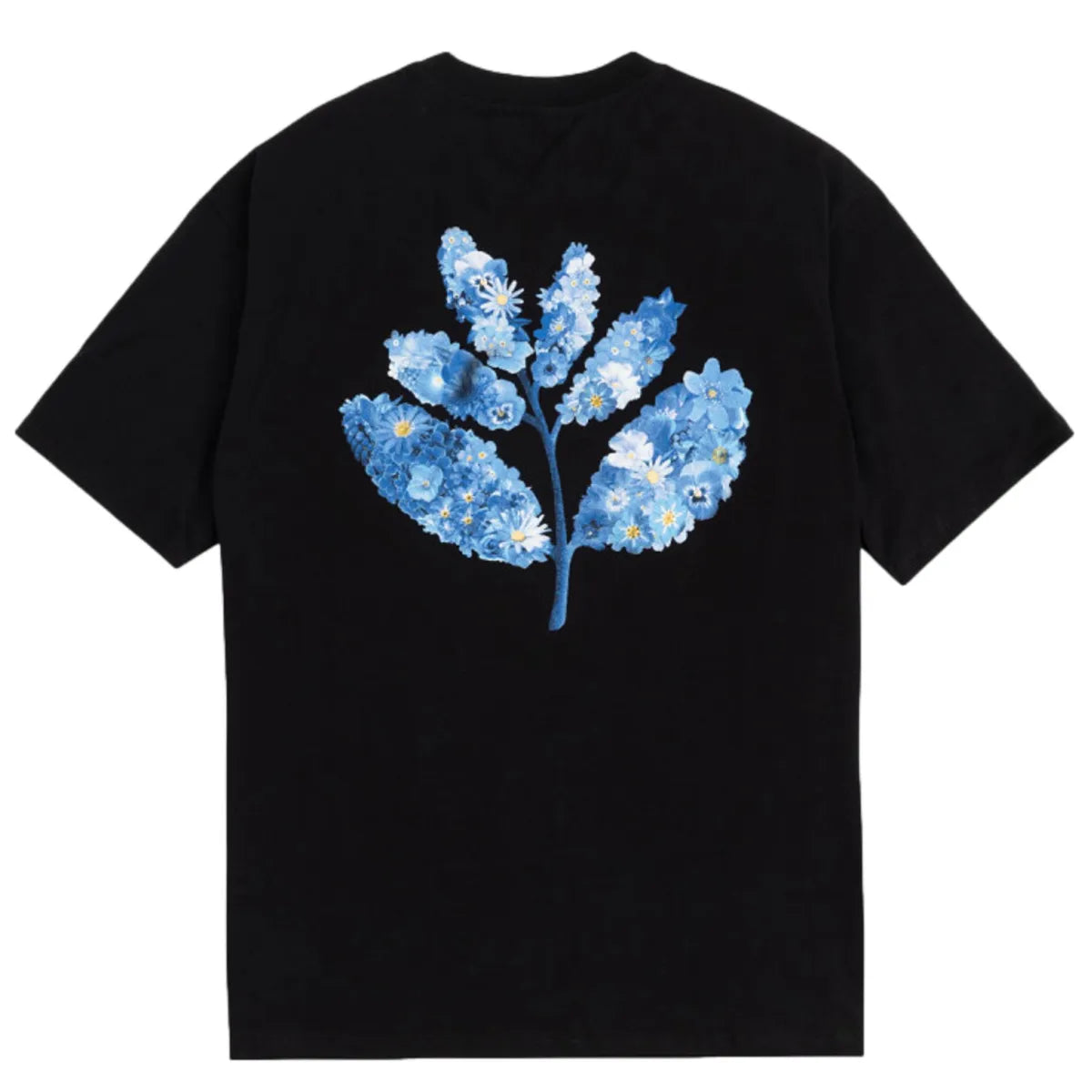 Magenta tee black blue flowers collab