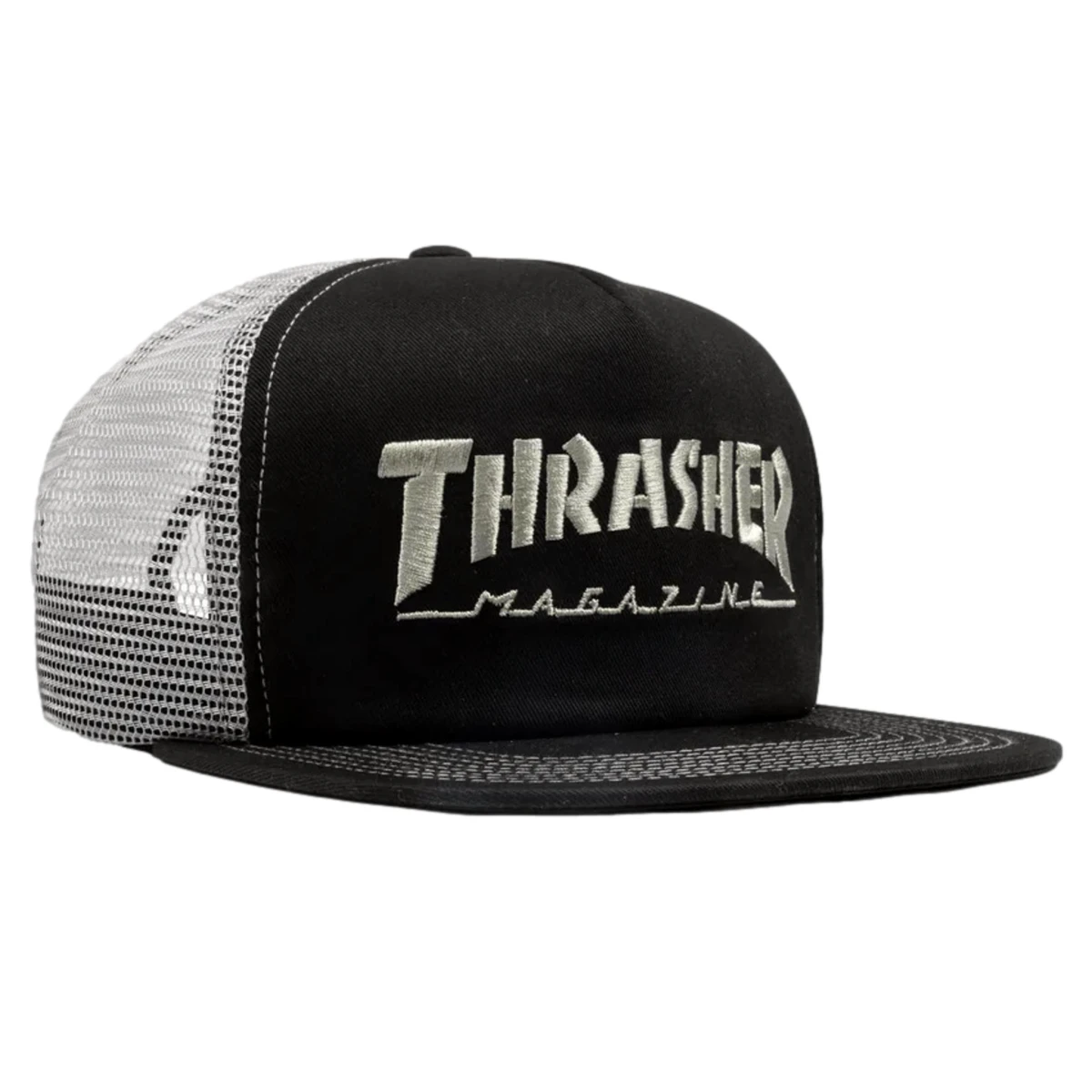 thrasher snapback logo trucker black and grey