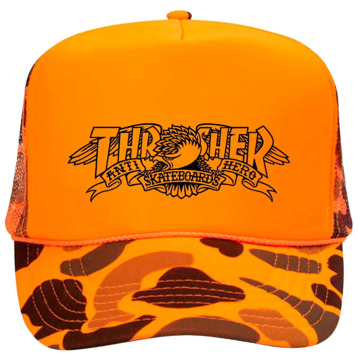 thrasher x anti hero trucker orange camo